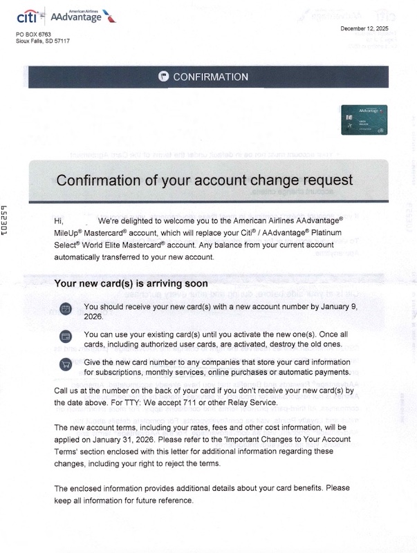 Citi AAdvantage Credit Card - Product Change