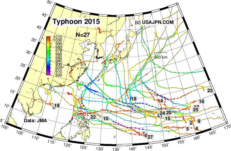 台風の進路図 （解析値） 2015年 気象庁データ利用