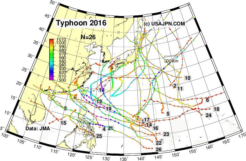 台風の進路図 （解析値） 2016年 気象庁データ利用