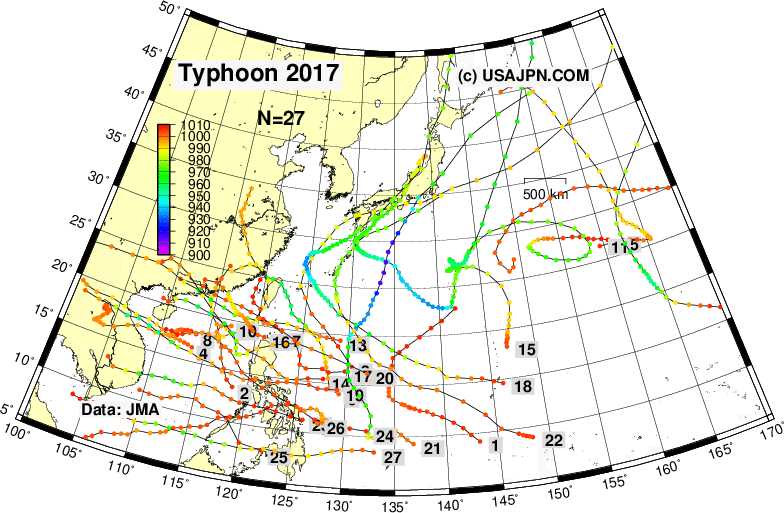 台風の進路図 （解析値） 2017年 気象庁データ利用