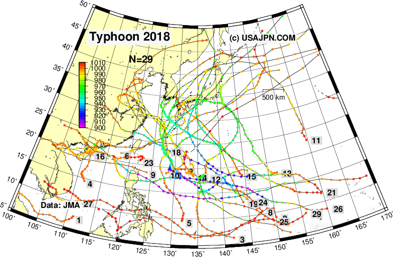 台風の進路図 （解析値） 2018年 気象庁データ利用