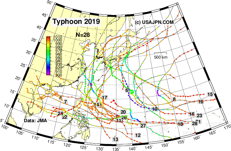 台風の進路図 （解析値） 2019年 気象庁データ利用