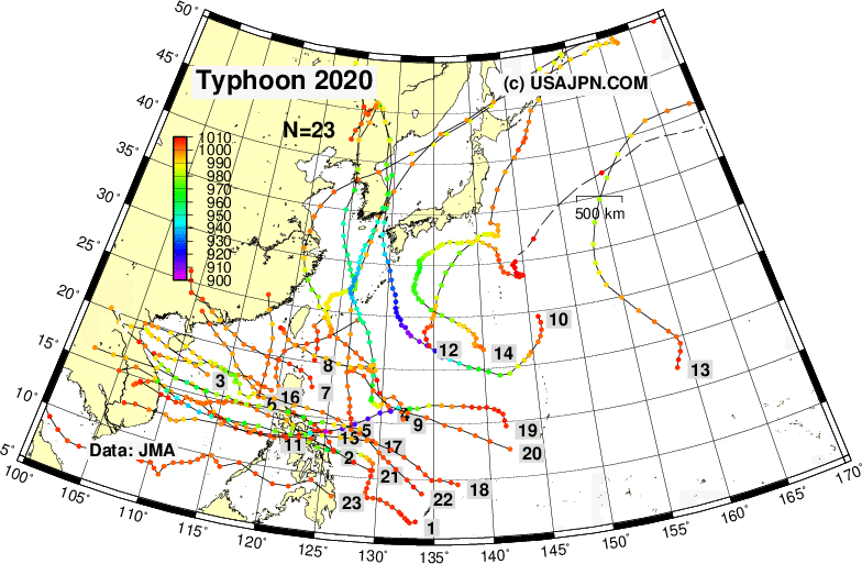 台風の進路図 （解析値） 2020年 気象庁データ利用