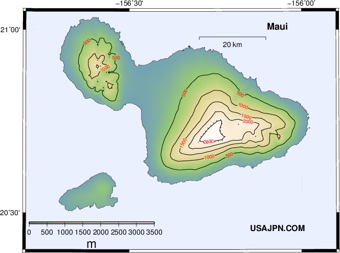 ハワイ マウイ島の標高マップ