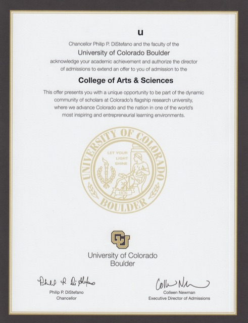 アメリカの大学 合格証書　コロラド大学