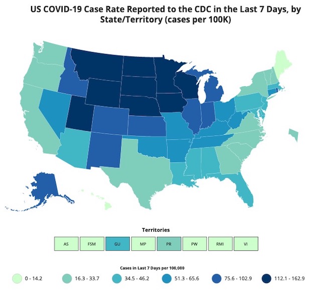 CDC COVID-19 新規感染（１週間）　人口比）