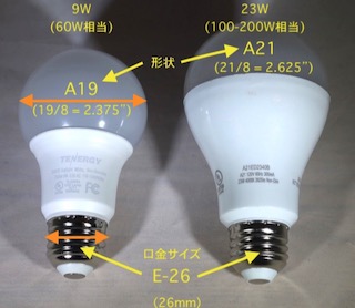 アメリカの電球の種類 E-26 A-19 A-21