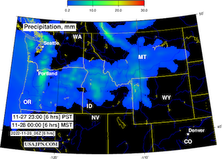 NOAA GFS アメリカ北西部の降水（雨・雪）予報マップ WA, OR, ID, MT, WY