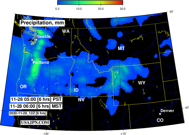 アメリカ北西部の降水（雨・雪）予報マップ 1