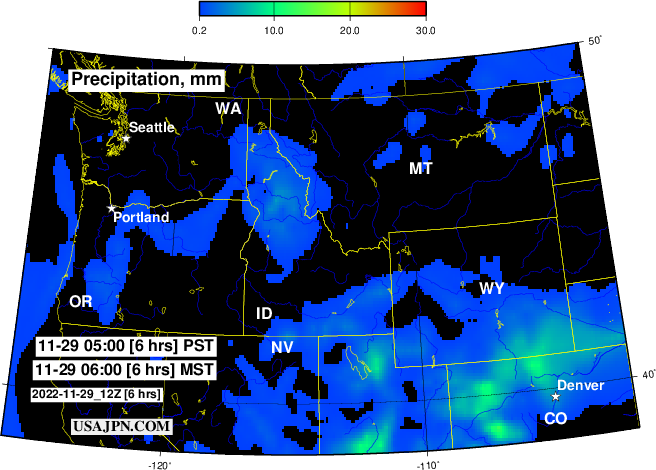 アメリカ北西部の降水（雨・雪）予報マップ 1