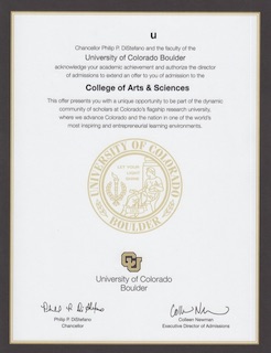 アメリカの大学 合格証書　コロラド大学