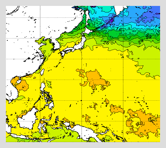 太平洋の海面水温マップ 2023年7月30日 台風６号