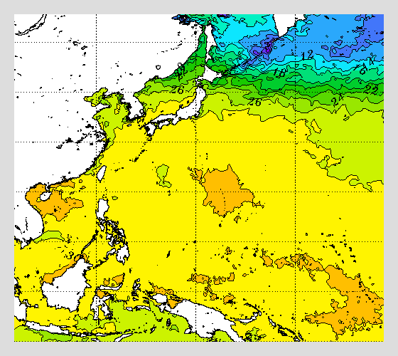 太平洋の海面水温マップ 2023年7月31日 台風６号
