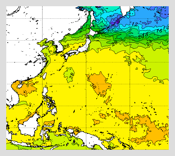 太平洋の海面水温マップ 2023年8月1日 台風６号