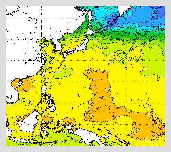 太平洋の海面水温マップ 2023年8月3日 台風６号