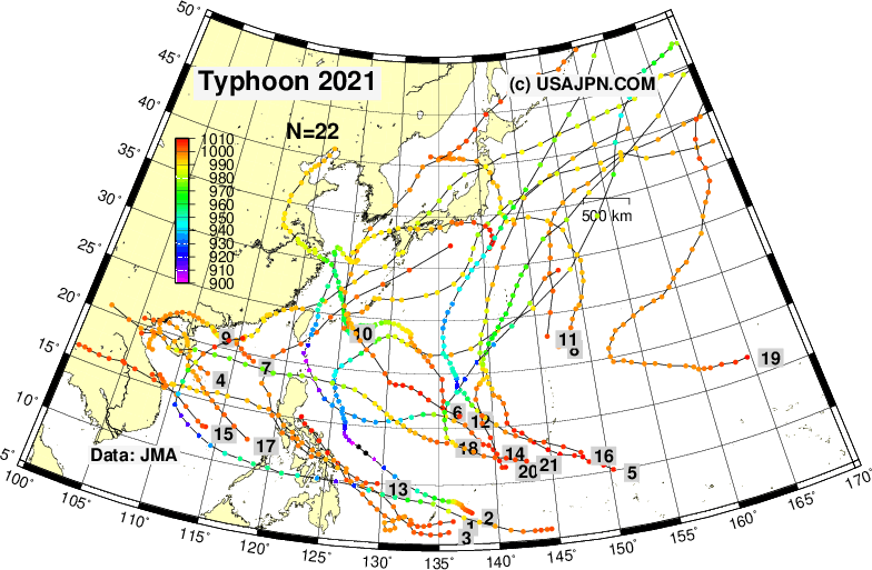 台風の進路図 （解析値） 2021年 気象庁データ利用