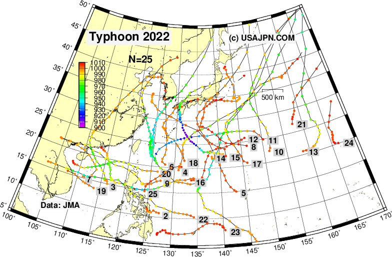 台風の進路図 （解析値） 2022年 気象庁データ利用