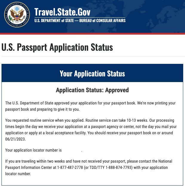 アメリカのパスポートの処理状況の確認 Approved
