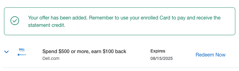 AMEX Dell キャッシュバック $100