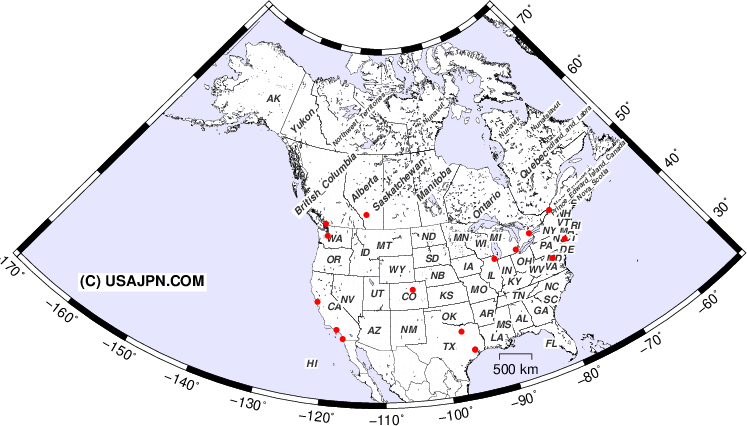 アメリカの州・カナダの州・日本と直行便のある空港マップ