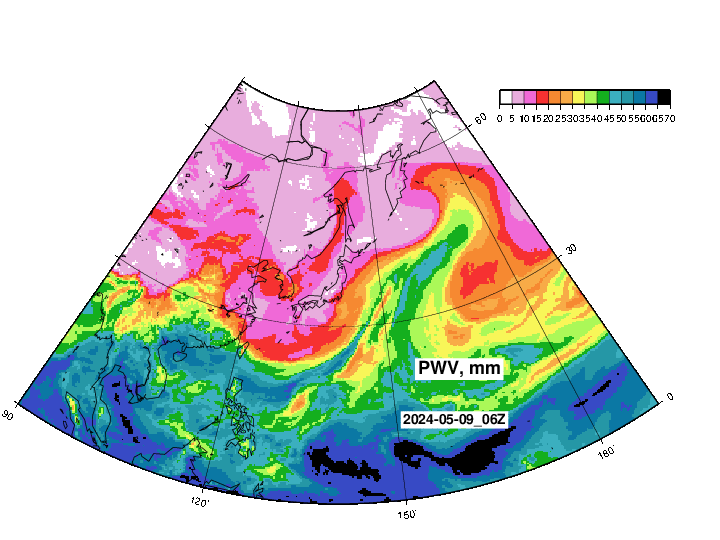 NOAA GFS 可降水量　日本・東アジア